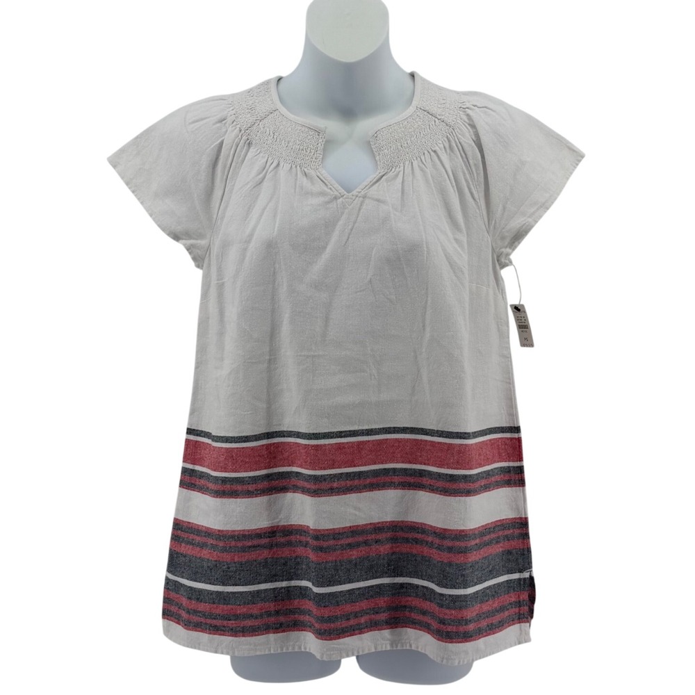 Talbots Linen Cotton Blend Top Womens Small Petite White Striped Smocked NWT
